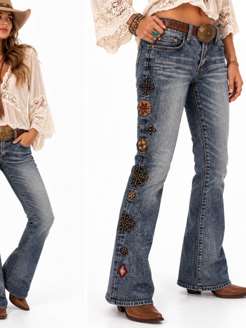 Western Denim Bank Jeans Womens 30x33 Studded Low Rise Bootcut Cowgirl Y2K